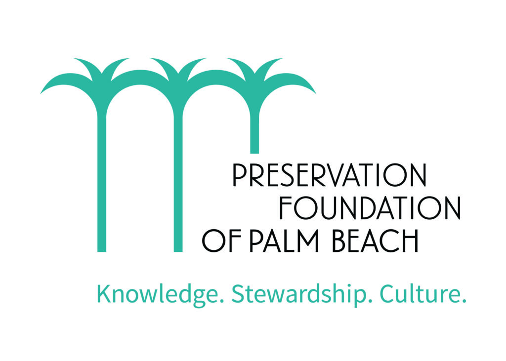 A green and white logo for the preservation foundation of palm beach.